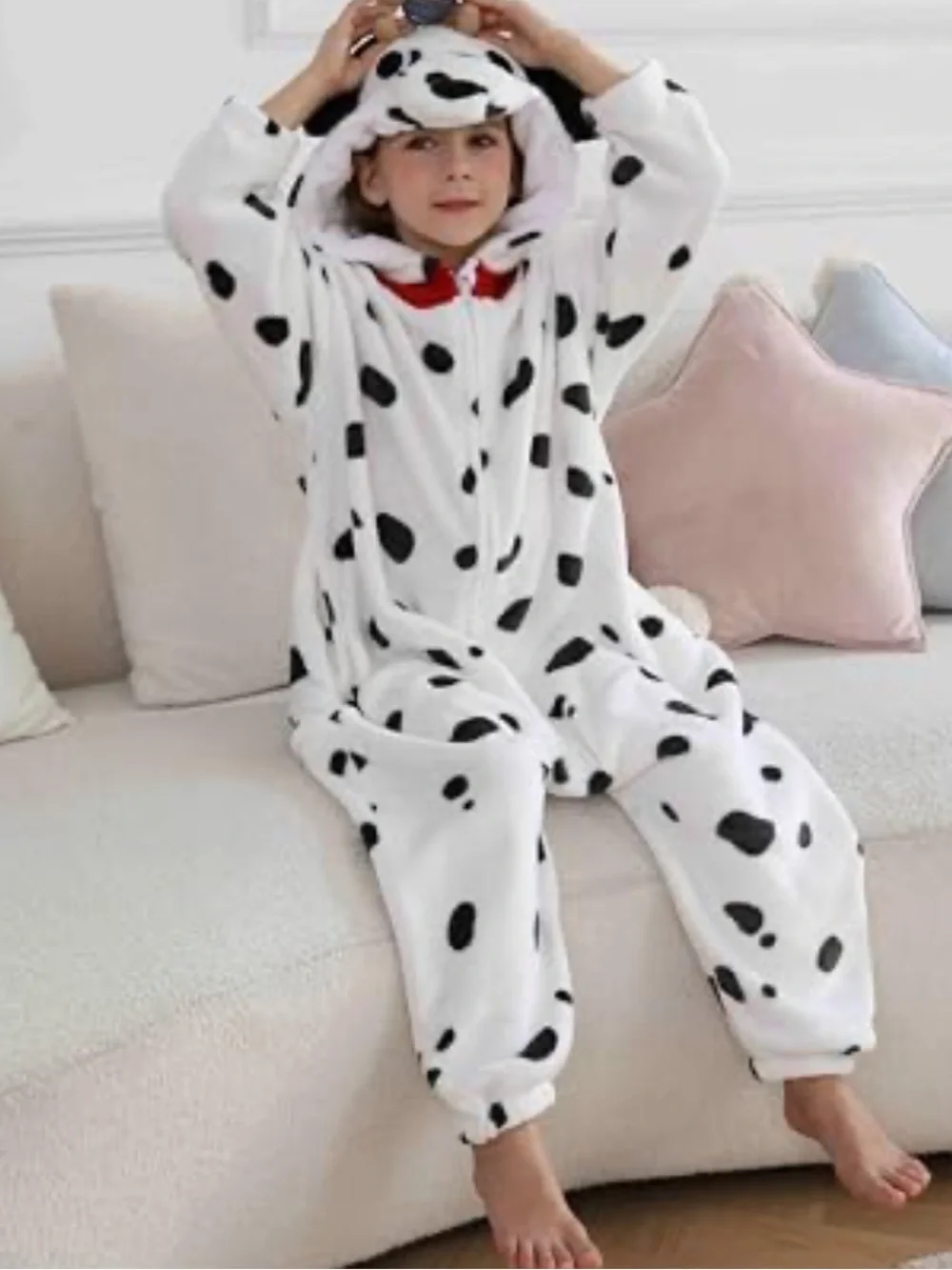 Kids Dalmatian Hooded One-Piece Pajamas - White & Black 7-8 years old